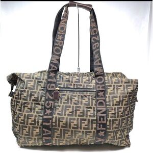 Authentic Fendi FF Zucca Boston Travel Bag Duffle Nylon Large Weekend Tote Purse